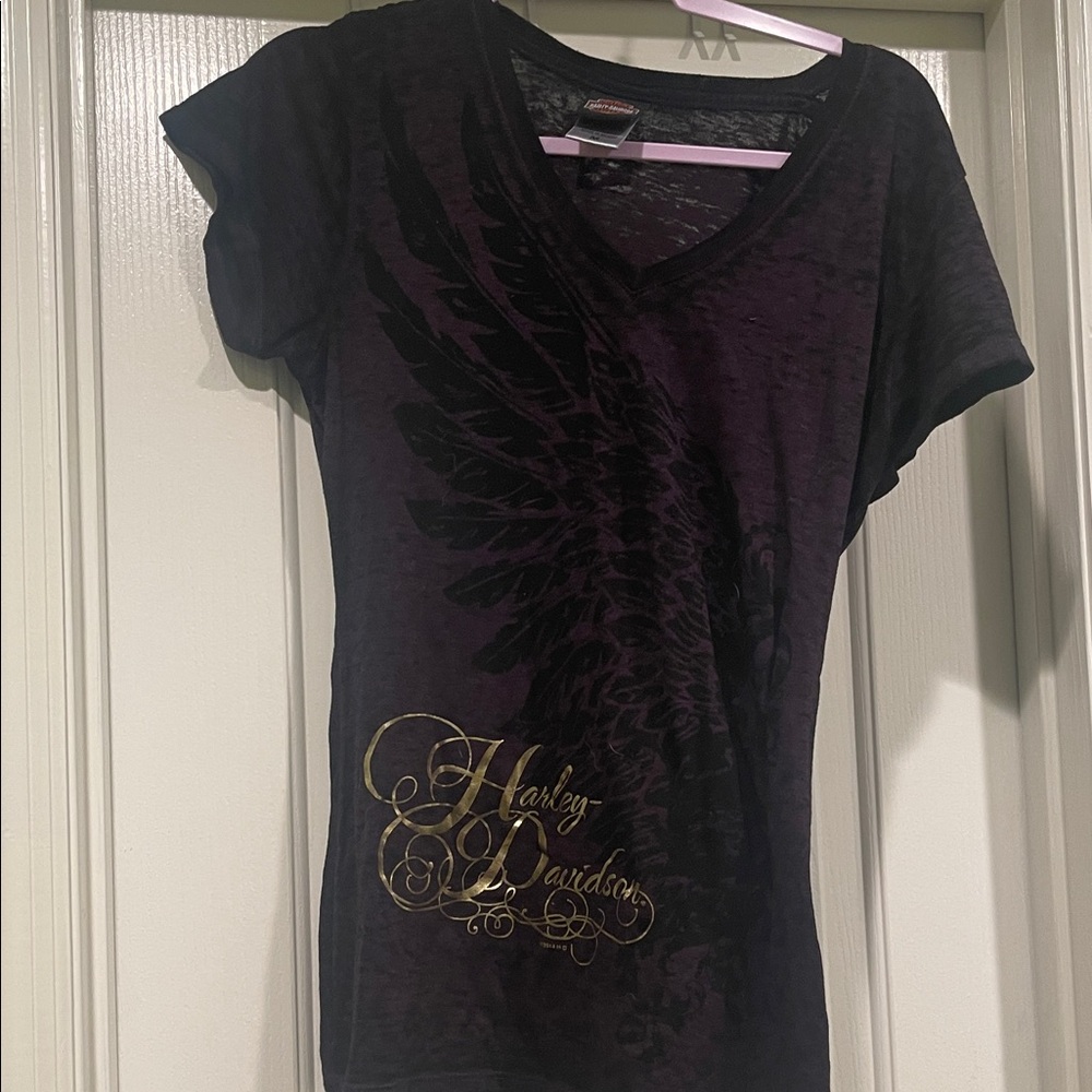 Harley-Davidson Women's Purple and Gold V-Neck Tee